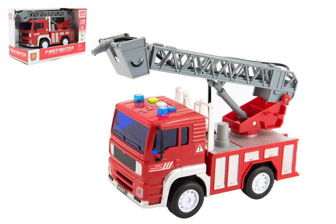 Teddies Auto hasiči stříkací vodu 20cm plast na setrvačník na bat. se zvukem se světlem v krabici 24x16x12cm