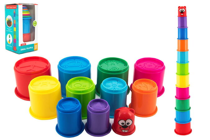 Teddies Kubus pyramida skládanka kulatá plast 11ks v krabici 11x20x11cm 12m+