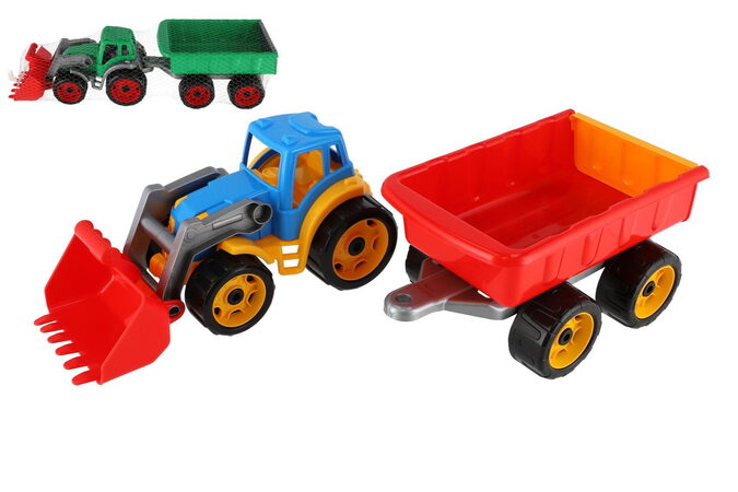 Teddies Traktor/nakladač/bagr s vlekem se lžící plast na volný chod 2 barvy v síťce 16x61x16cm