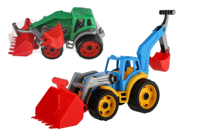 Teddies Auto traktor/nakladač/bagr se 2 lžícemi plast na volný chod 2 barvy v síťce 16x35x16cm