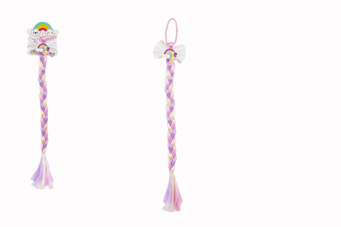 Teddies Gumička do vlasů s mašlí s dlouhým barevným copem s flitry 8x40cm v sáčku