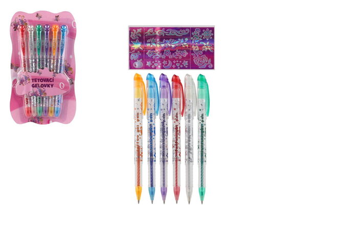 Gelové pero tetovací 6 ks plast + šablony na kartě 10x18x1cm