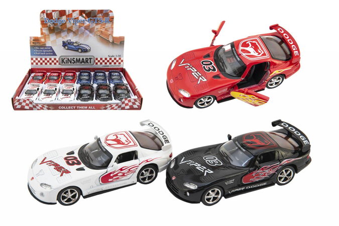 Auto Kinsmart Dodge Viper GTS-R 1:36 12,5cm kov/plast 4 barvy na zpětné natažení 12ks v boxu