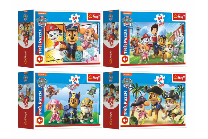 Minipuzzle 54 dílků Paw Patrol/Tlapková Patrola 4 druhy v krabičce 9x6x3cm 40ks v boxu