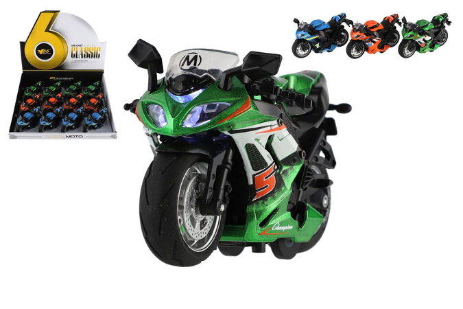 Motorka závodní kov/plast na zpětné natažení 12cm na baterie se světlem, zvukem 3 barvy 12ks v boxu
