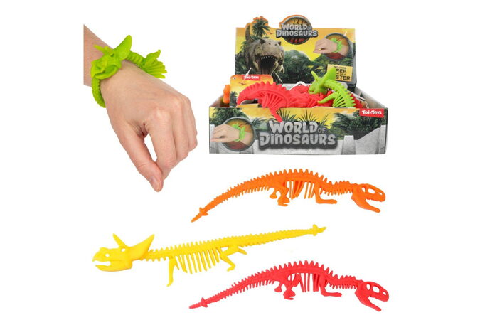 Náramek dinosaurus natahovací mačkací silikon 22cm 4 barvy 24ks v boxu