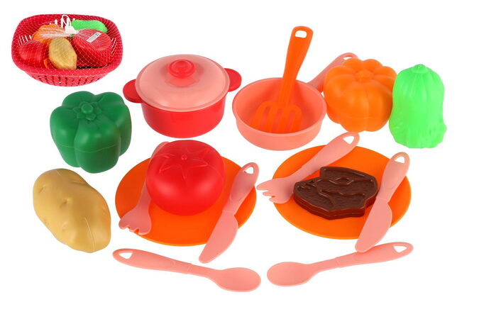 Sada nádobí v ošatce plast s doplňky v síťce 20x20x7cm