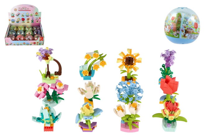 Stavebnice mini květina plast 6cm mix druhů v kouli 12ks v boxu