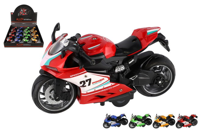 Motorka silniční plast 13cm na zpětné natažení na baterie se světle, zvukem 4 barvy 12ks v boxu