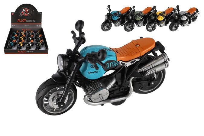 Motorka plast 13cm na zpětné natažení na baterie se světle, zvukem 4 barvy 12ks v boxu