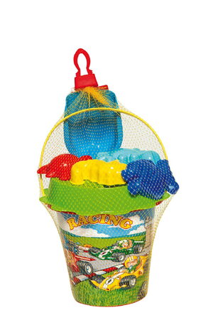 Sada na písek 7ks plast kbelík, sítko, lopatka, 4 formičky 3 barvy v síťce 18m+