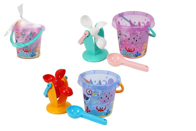 Sada na písek a k vodě plast kbelík, mlýnek s doplňky v síťce 17x16cm