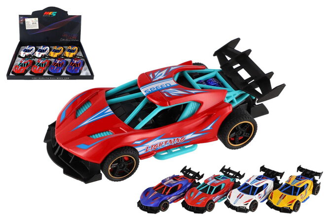 Auto sportovní plast/kov 14cm na zpětné natažení 4 barvy  8ks v boxu