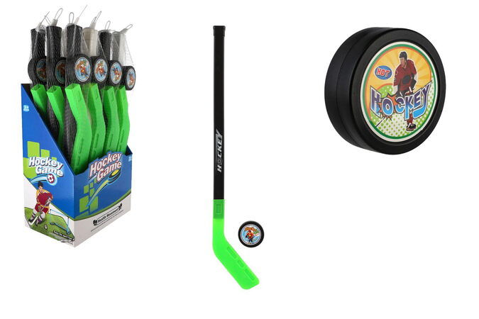 Hokejka s pukem plast 74cm 2 barvy v síťce 12ks v boxu