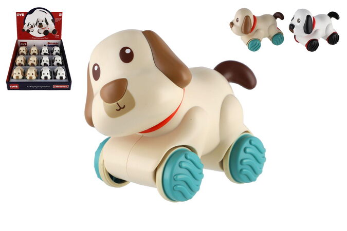 Pes/Pejsek jezdící plast 11x9cm na zpětné natažení 2 barvy 12ks v boxu