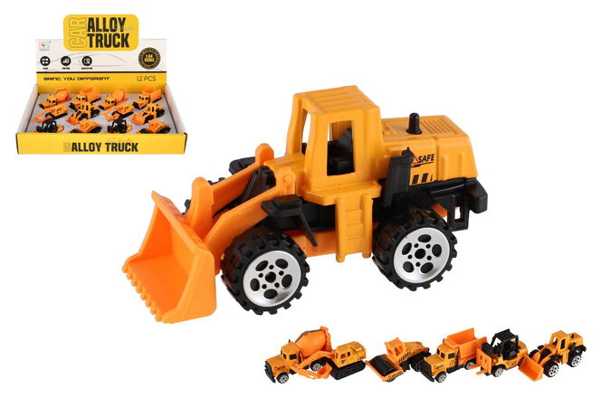 Auto stavební mini kov/plast 7cm volný chod mix druhů 12ks v boxu