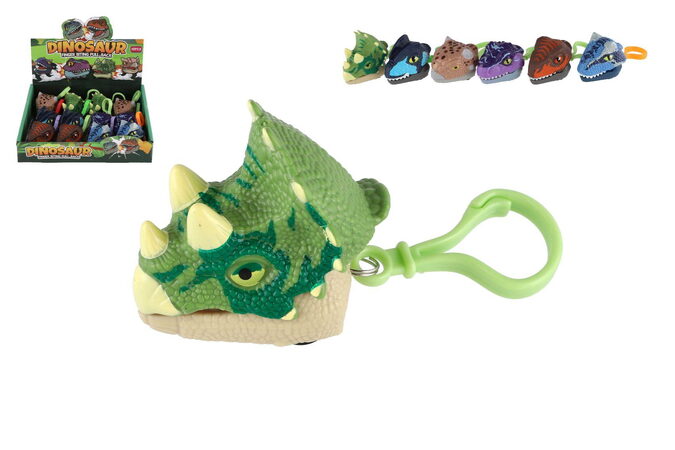 Přívěsek na klíče hlava dinosaurus kousací plast 6cm na setrvačník 6 druhů 12ks v boxu
