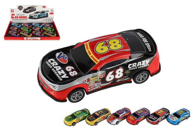 Auto závodní kov/plast 10cm na zpětné natažení mix druhů 12ks v boxu