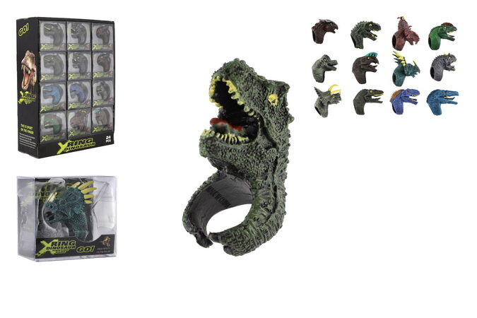 Prstýnek dinosaurus nastavitelný plast 2x4cm mix druhů v blistru  24ks v boxu