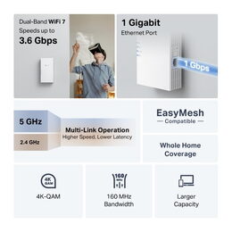 WiFi extender TP-Link RE220BE WiFi 7 AP/Extender/Repeater, BE3600, 1x GLAN, EasyMesh