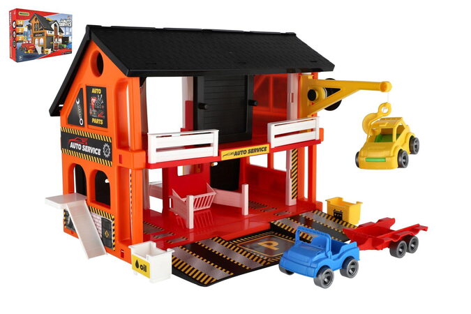 Auto servis 2 patra + 3 auta plast v krabici 59x39x15cm  Wader