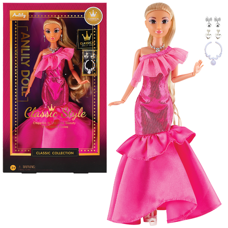 Módní panenka ve společenských šatech - tmavě růžové šaty