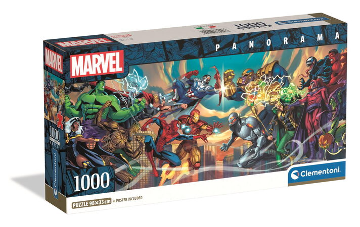 Clementoni - Puzzle 1000 Panorama Marvel Hrdinové vs. Záporáci