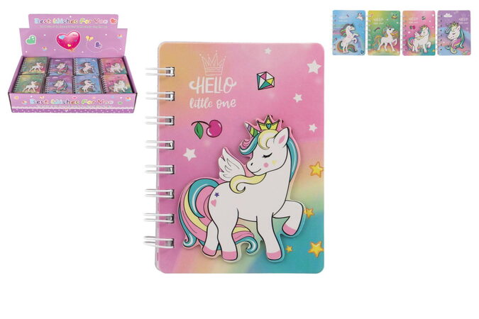Zápisník/blok jednorožec kroužkový 9,5x12cm 4 druhy v sáčku 50ks v boxu