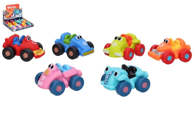 Auto/Formule závodní pro nejmenší měkký plast 8cm na volný chod 6 barev 12ks v boxu 18m+