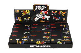 Stavebnice dopravní prostředek kov/plast v krabičce 11x6cm mix druhů 12ks v boxu
