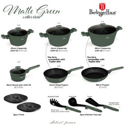 BERLINGERHAUS Sada nádobí s titanovým povrchem 15 ks Matte Green Collection BH-8208