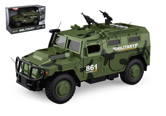 Auto vojenské plast 25,5cm na setrvačník na baterie se zvukem se světlem v krabici 30x19x13cm