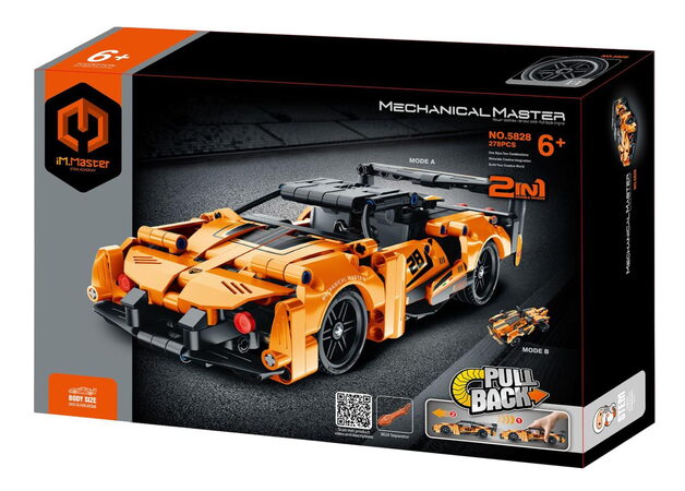 Stavebnice iM.MASTER 2v1 auto na zpětné natažení plast 278 dílků oranžové v krabici 29x20x6cm