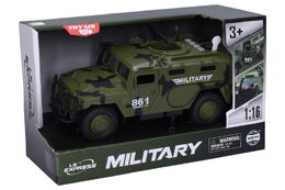 Auto vojenské plast 25,5cm na setrvačník na baterie se zvukem se světlem v krabici 30x19x13cm