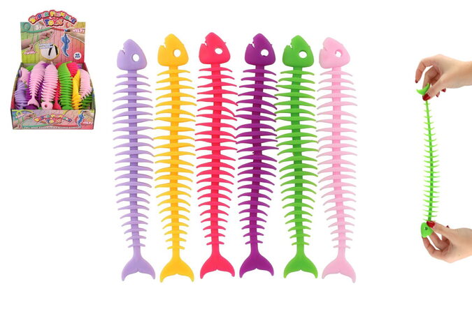 Hračka antistresová rybí kostra natahovací silikon 25cm 5 druhů 40ks v boxu