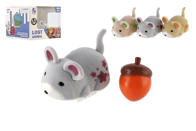 Veverka se žaludem plast 5cm na baterie 3 barvy v krabičce 9x7x9cm