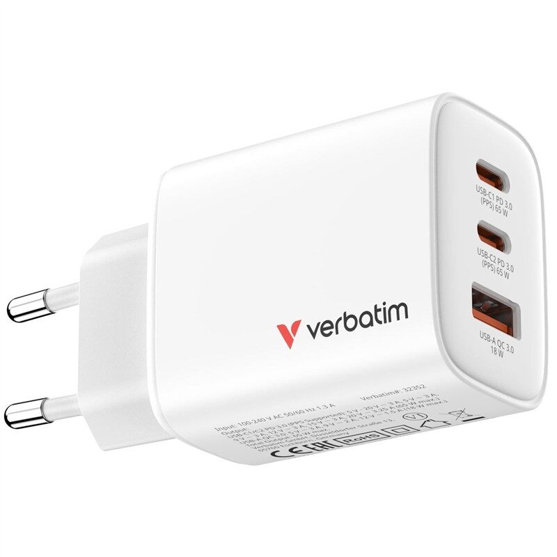 Nabíječka do sítě Verbatim Essentials 65W, 2×USB-C PD, 1×USB-A QC - bílá