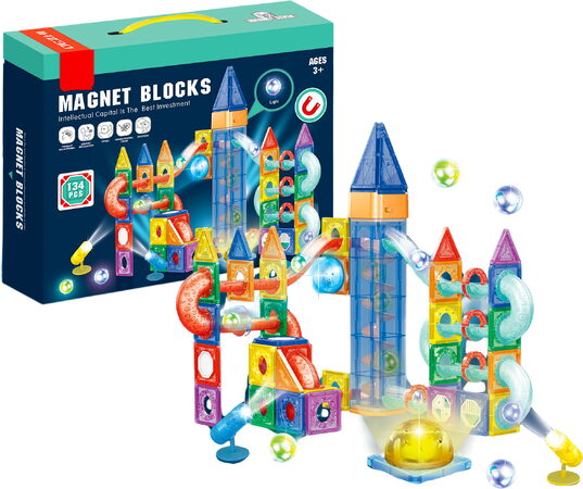 Magnetická stavebnice s LED světly a kuličkou - 134 ks