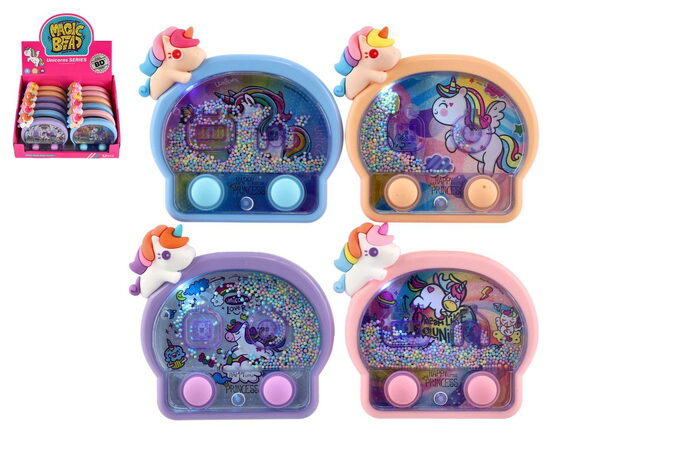 Vodní hra hlavolam svítící jednorožec plast 13x12cm na baterie 4 barvy 12ks v boxu