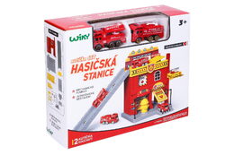 Hasičská stanice s autíčky 2ks + doplňky plast v krabici 28x24cm