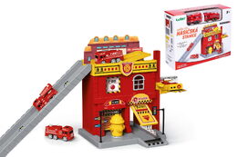 Hasičská stanice s autíčky 2ks + doplňky plast v krabici 28x24cm