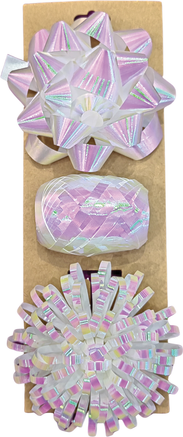 Dárková sada růžová duhově lesklá, 3 ks (stuha 10 m + 2 mašle)