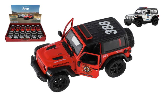 Teddies Kinsmart auto Jeep Wrangler policie hasiči 12,5cm kov na zpětné natažení