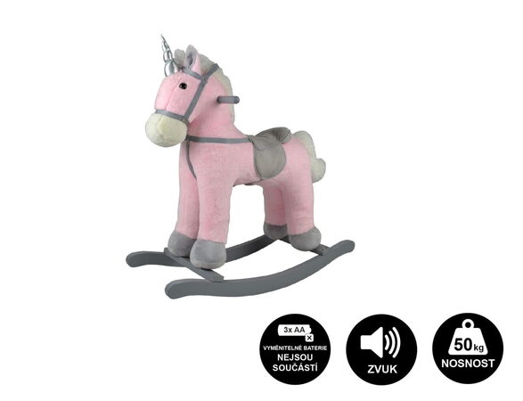 Teddies Kůň houpací růžový jednorožec plyš na bat. 71cm se zvukem a pohybem nosnost 50kg v krab. 62x56x19cm