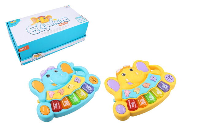 Piánko slon se zvířátky plast 17x13cm na baterie se zvukem se světlem 2 barvy 8ks v boxu 18m+