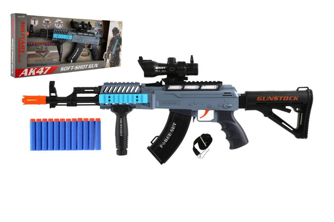 Samopal na pěnové náboje + náboje 12ks plast 60cm na baterie se světlem, zvukem v krabici 65x27x6cm, šedý