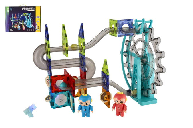 Kuličková dráha magnetická plast 80ks 16 kuliček + doplňky na baterie se světlem v krabici 47x35x9cm