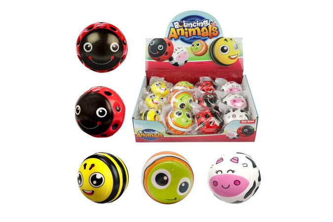 Míček skákací zvířátko guma 6cm 4 druhy v sáčku 12 ks v boxu