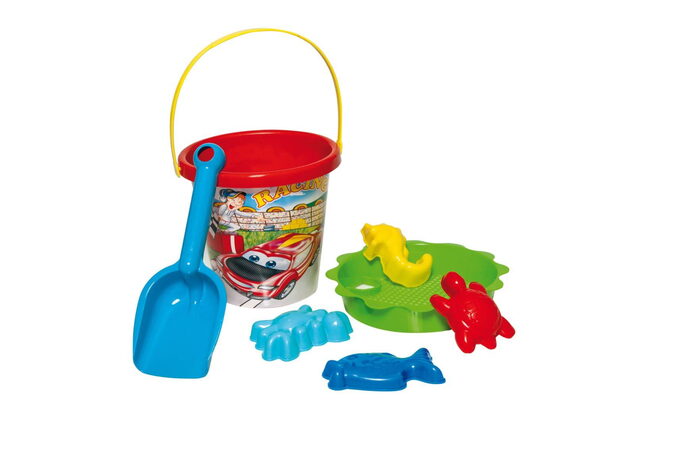 Sada na písek 7ks plast kbelík, sítko, lopatka, 4 formičky 3 barvy v síťce 18m+