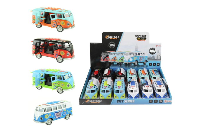 Autobus retro kov/plast 12cm na baterie se zvukem se světlem na zpětné natažení 4 barvy 12ks v boxu